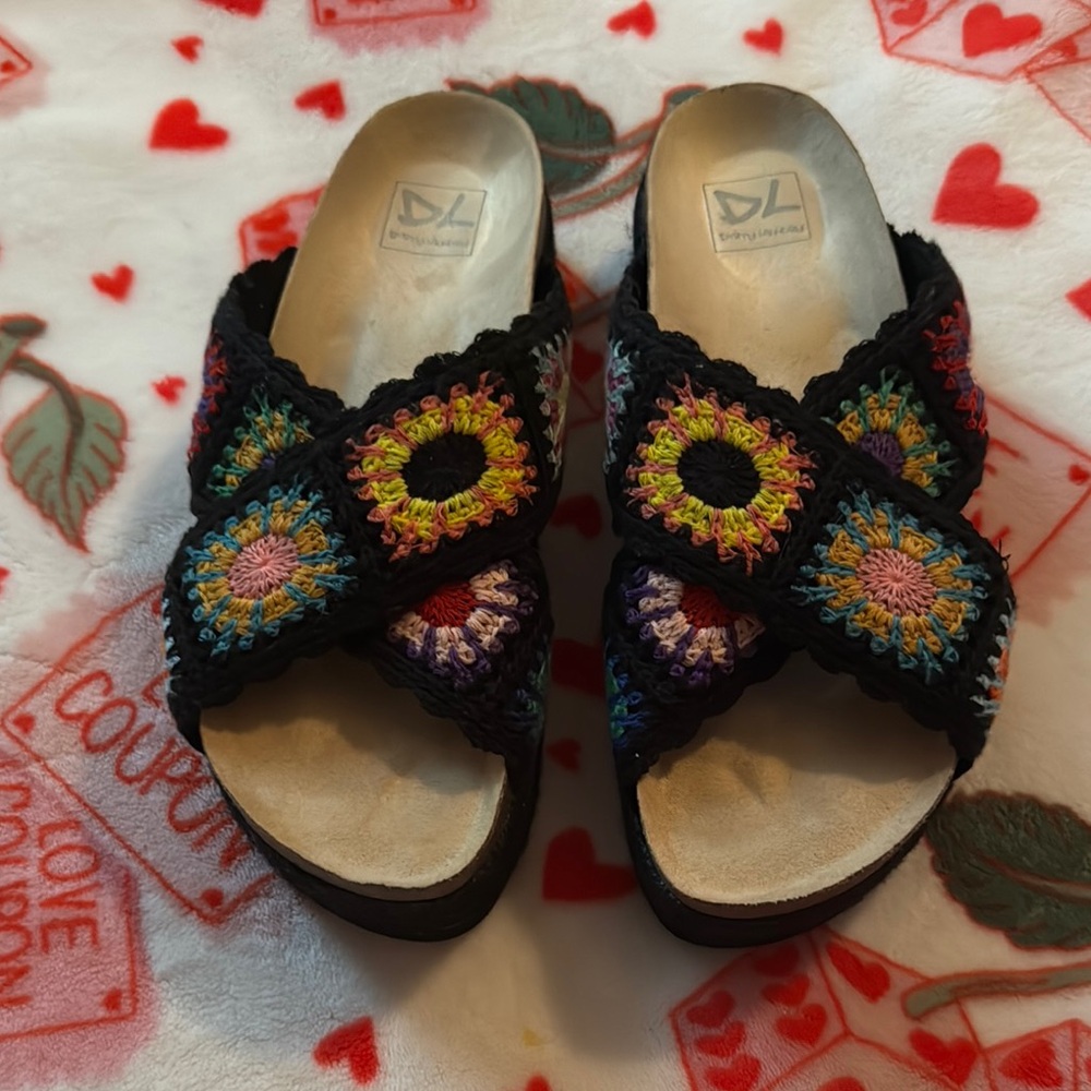 Free People Crochet Sandals Black with Vibrant Floral Design